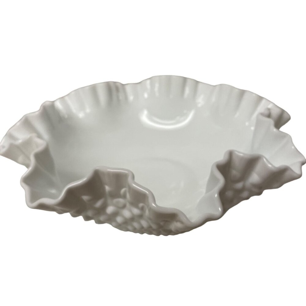 Vintage Fenton Hobnail White Milk Glass Bowl Ruffled Edges Large Bowl Fenton Gla
